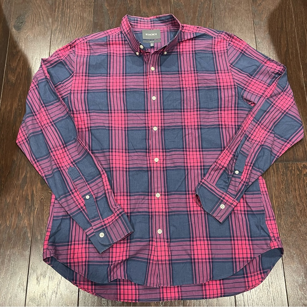 Bonobos Slim Fit Button Up Shirt Men Size X-Large Navy Pink Plaid Check